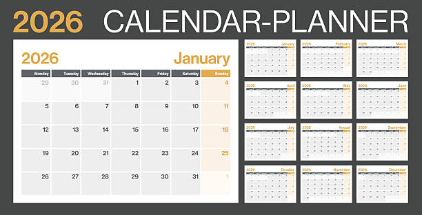 calendar planner 2026 - minimalismus styl corporative krajina horizontální kalendář pro rok 2026 - vektorová šablona s prostorem pro kopírování - evropská mřížka - týden začíná v pondělí - kalendář stock ilustrace