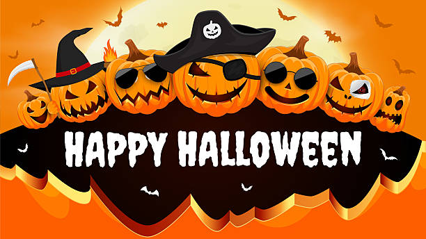 istock Halloween banner with smiling pumpkins background and text Happy Halloween. Bats against a full moon. Halloween greeting card design. Vector illustration. 2230640572