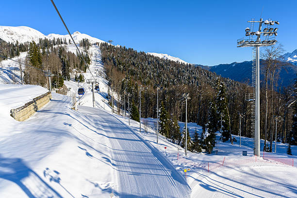 istock Snowy mountains and resort infrastructure against the bright sunny sky. 2230643762