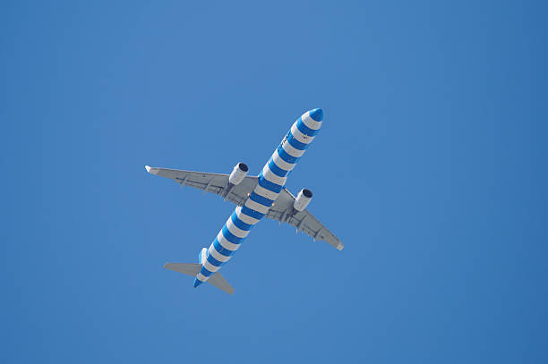 Mainz, Germany - August 17, 2025: Condor airline plane with blue and white stripes over Mainz-Hechtsheim, shortly before landing in Frankfurt am Main