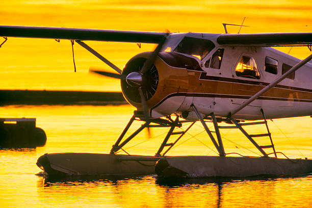 Two float planes at low altitude in sunset light over an Alaskan inlet.