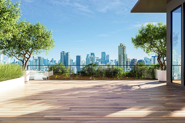 istock Modern contemporary style empty wooden terrace with city view background 3d render 2230649697
