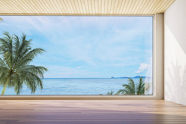 istock Modern contemporary style empty room with sea view background 3d render 2230649700