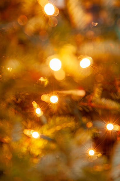 Close up of blurred decorated Christmas tree abstract background.