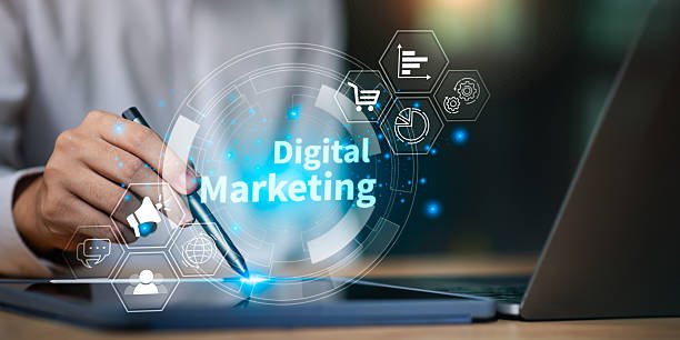 istock Digital marketing strategy concept with holographic interface, business icons, and data analytics, symbolizing online advertising, e-commerce growth, and brand promotion in the modern market. 2230658818