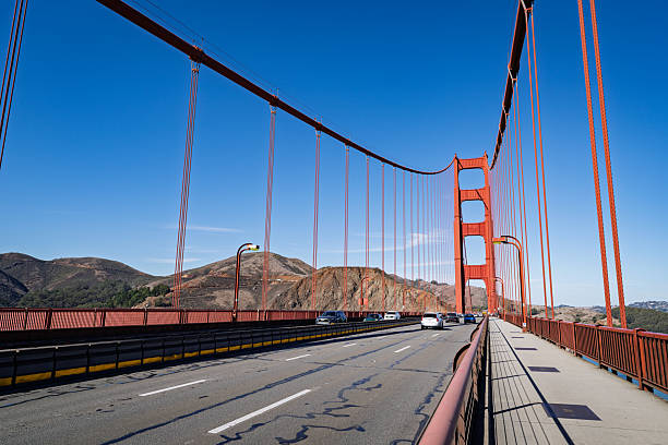 Close-up perspective of the Golden Gate Bridge roadway in San Francisco, with red suspension cables and clear blue sky in the background