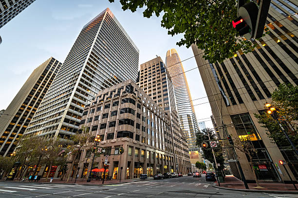 Wide angle view of modern skyscrapers in downtown San Francisco during golden hour, highlighting the city's urban architecture and financial district skyline
