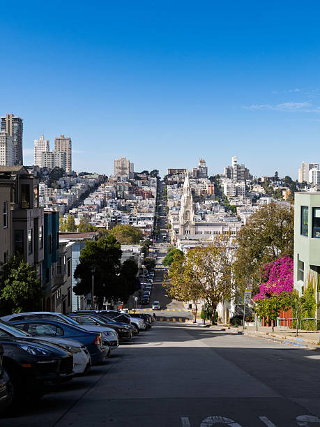Urban landscape of San Francisco highlighting the city’s signature steep streets lined with houses and residential buildings climbing up the hillside. The view captures the unique perspective and typical architecture of the city under a clear blue sky.