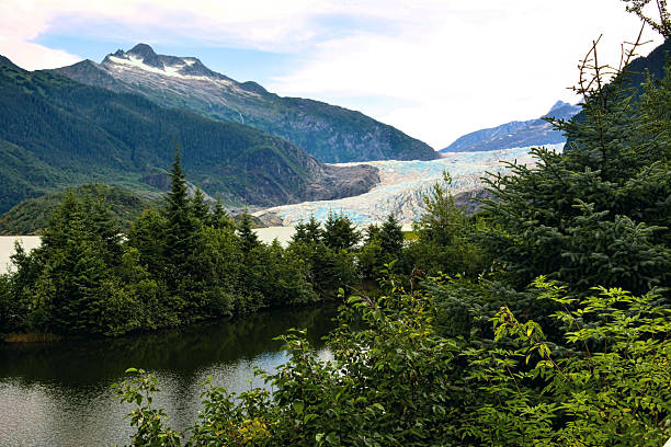 Aerial View of Mendenhall Glacier and Mendenhall Lake on a Cloudy Day