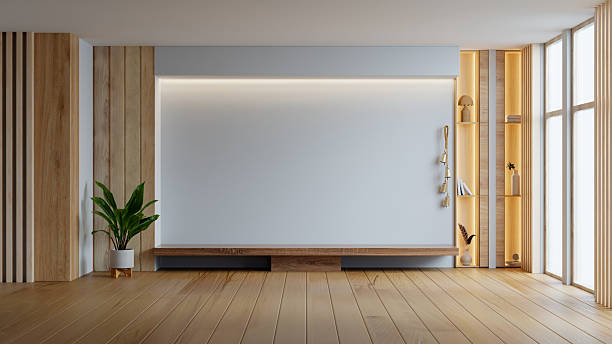 istock Modern empty living space featuring a curved recessed wall niche with LED lighting, wooden slat panels- 3D rendering 2230678305