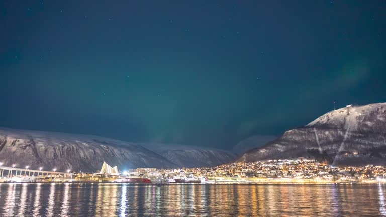 Tromso Norway time lapse of the aurora borealis northern lights at city sentrum skyline harbor
