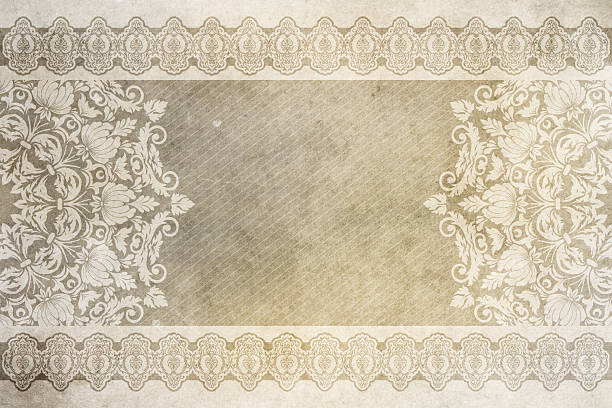 Aged faded grunge paper background with decorative border and vintage ornament.