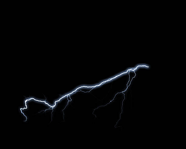 A striking bright blue and white lightning bolt illuminates the deep black night sky, capturing the raw power of nature's electric discharge.