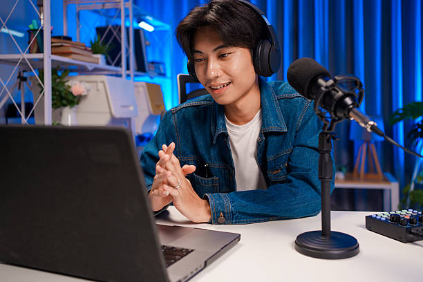 istock Podcast host speaking with confidence during livestream 2230686475