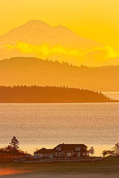 Vancouver Island Saanich Peninsula on Oct 08 2006: Farm overlooking the Salish Sea and Mount Baker seen on the Saanich Peninsula on Vancouver Island, British Columbia