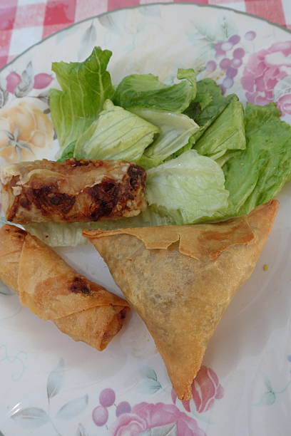 istock Samosa and spring rolls served with seasoned green salad 2230688315