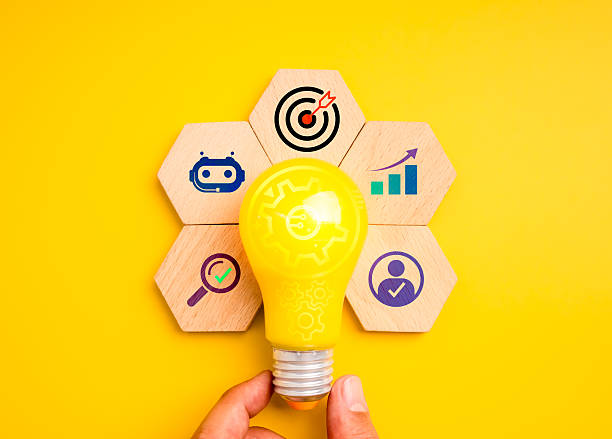 istock Yellow light bulb with gear icon and wooden hexagons showing chatbot, target, growth chart, search, and user icons, symbolizing artificial intelligence, business strategy, and digital innovation idea. 2230694570