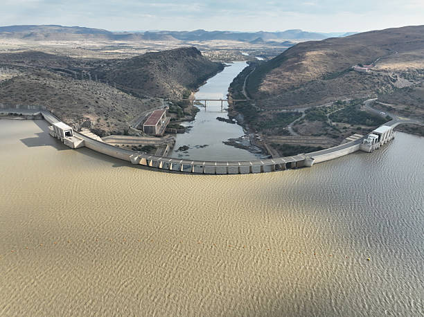 Aerial shot over the Gariep Dam looking down the valley where the Orange river flows, located in the Eastern Cape of South Africa.