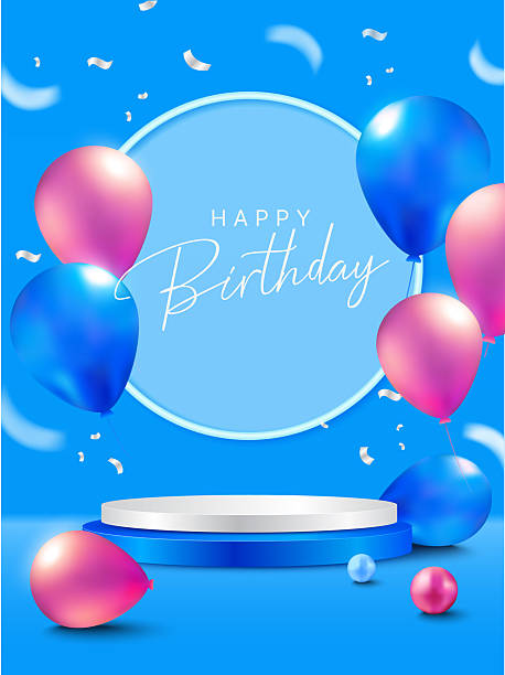 istock Happy Birthday celebration background with pink and blue balloons, confetti, and a round podium on a bright blue backdrop, perfect for party invitations, greeting cards, and festive designs. 2230700314