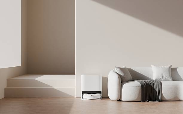istock Modern Minimalist Living Room Interior with Smart Robot Vacuum Cleaner 2230700399
