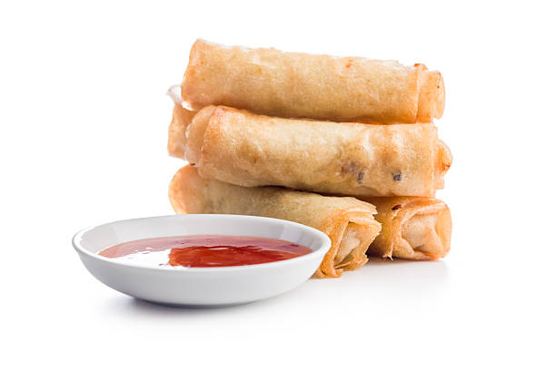 istock Fried spring rolls and sweet and sour sauce isolated on white background. 2230708795