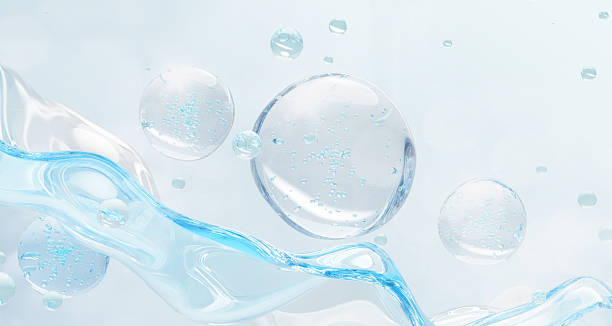 istock Water gel cream texture 3d background. Blue liquid wave and oil drops with bubbles. Moisture aqua serum, hyaluronic acid or glycerin. Cosmetic beauty product, hydration for skin care 2230712614