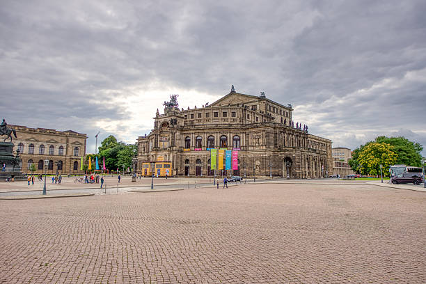 Dresden, Germany - July 15, 2016: Famous landmarks in Dresden main square with historic architecture and cultural heritage.