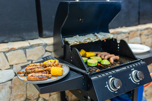 istock Grilled sausages, skewers, and corn on a plate 2230726615