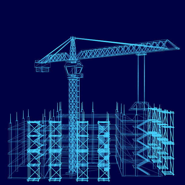 istock A detailed blueprint of a modern building under construction features a prominent tower crane in the background. The wireframe design highlights architectural elements against a deep blue backdrop. 2230733117