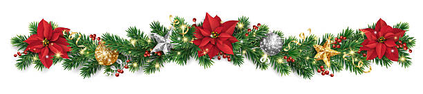 istock Horizontal Christmas garland with poinsettias, pine branches, holly berries, confetti, and shiny stars. Decoration for holiday banners, cards, and party posters. Transparent background in vector file. 2230737619