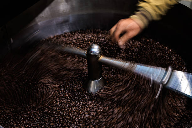 istock fresh coffee beans roasted spinning cover professional machine to soft focus slow shutter speed want to make motion blur of coffee beans detail concept,  worker hand check the quality of coffee beans. 2230737815