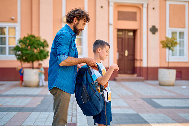 istock Caring father helping his son putting on backpack in front of school 2230739339