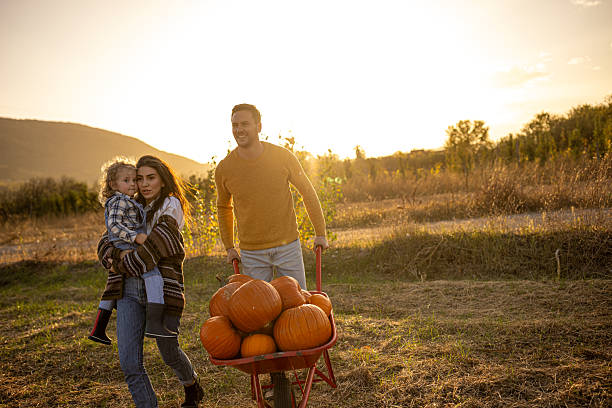 istock Family enjoying autumn pumpkin patch together 2230741608
