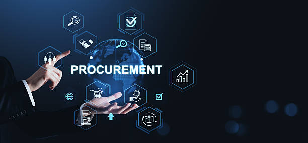 istock Procurement digital transformation concept with futuristic user interface icons and businessman's hands interacting on dark background. 2230744652