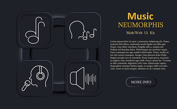 istock Music set icon. Neumorphic icons show musical note, head with sound notes, person with headset and mic, speaker with sound lines in outlined white style 2230745282