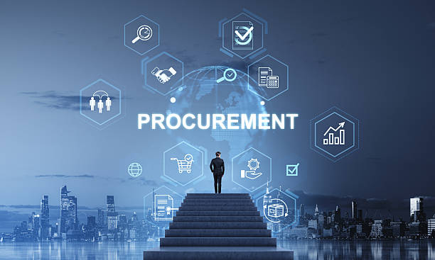 istock Businessman standing on stairs facing procurement icons and digi 2230745717