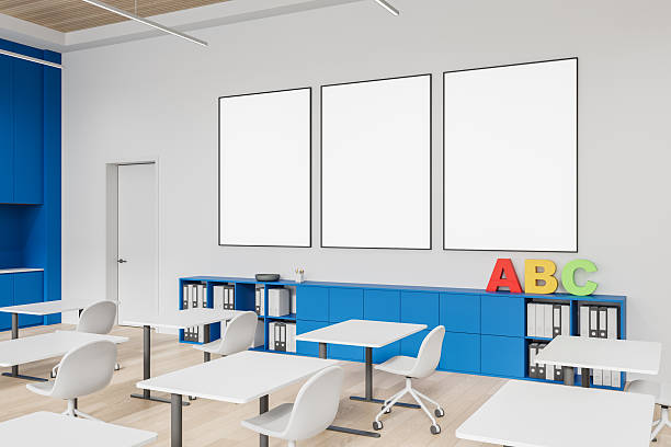 istock Modern classroom interior with blank posters on wall for educational mockup or presentation template in clean learning design concept. 3D Rendering 2230745923
