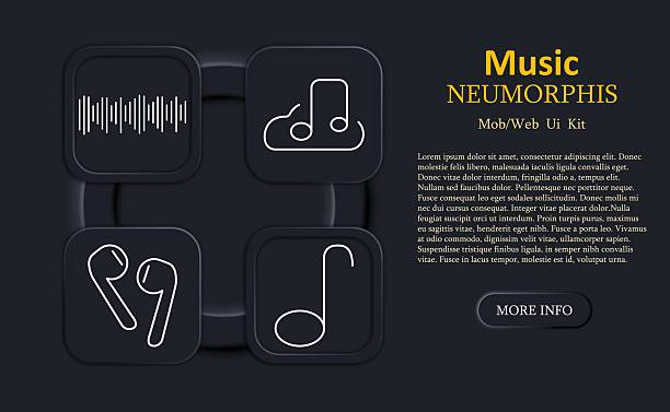istock Music set icon. Soundwave, music note with tail, wireless earphones, and eighth note drawn in outline on neumorphic interface tiles for audio-related design 2230746347