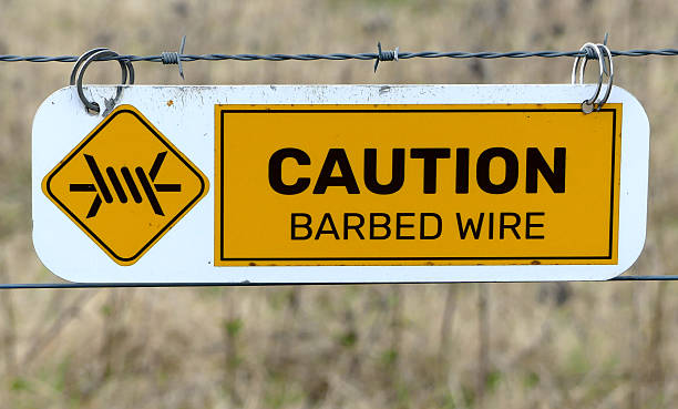 In the distance a car, with headlights on, is approaching the chain link fence, razor wire , danger sign that demarcates  the perimeter of an industrial area.  The double yellow lines painted on the side of the road signify 'no parking'.  Selective focus.  Belfast, Northern Ireland.