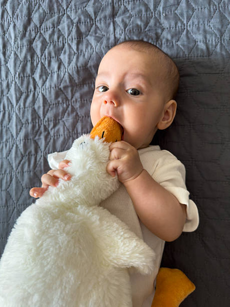 istock Baby Smiling with Plush Duck Toy 2230749994