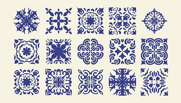 Mediterranean ceramic tile pattern collection, set of ornaments Mediterranean ceramic tile pattern collection, set of ornaments, templates isolated on white background tiled floor stock illustrations