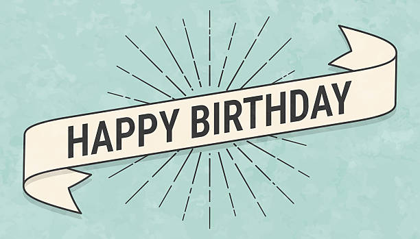Happy Birthday. Banner, ribbon, label in a trendy vintage style. Beautiful retro ribbon with old textured paper and sunbursts in the background. Colors used: green, blue, beige and black. The banner is beige with a black outline, the sunbursts and the text are black. The background is green-blue. Vector Illustration (EPS file, well layered and grouped). Easy to edit, manipulate, resize or colorize. Vector and Jpeg file of different sizes.
