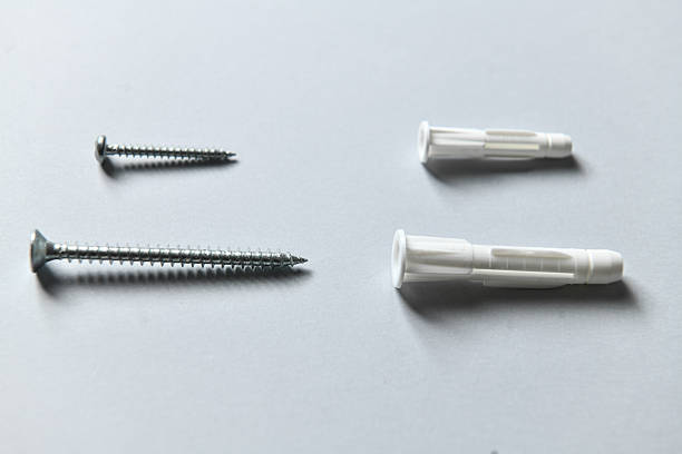 Metal Screw And Plastic Wall Plug Standing Side By Side On White Background