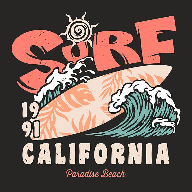 This vibrant artwork celebrates California's surfing culture with bold colors and retro style. The design features waves leaves and the year 1991 alongside Paradise Beach evoking nostalgic vibes.