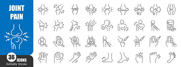 gelenkschmerzen dünne linie symbol . rheuma-konzept . bearbeitbarer strich . vektor. - arthrosen stock-grafiken, -clipart, -cartoons und -symbole