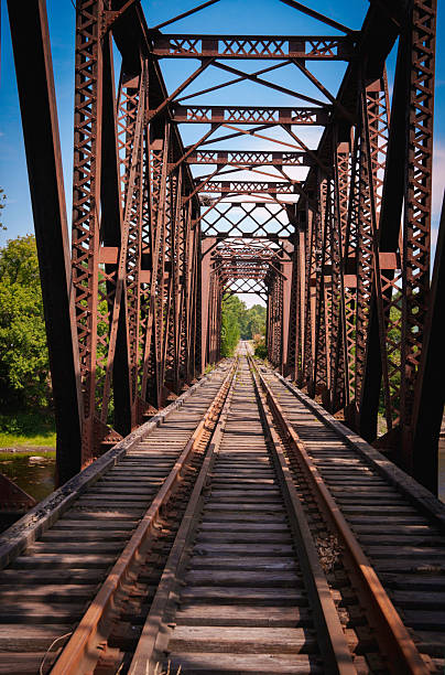 istock Rustic railway tracks and the historic WatervilleWinslow Railroad Bridge span the Kennebec River in Waterville, Maine, USA 2230775652