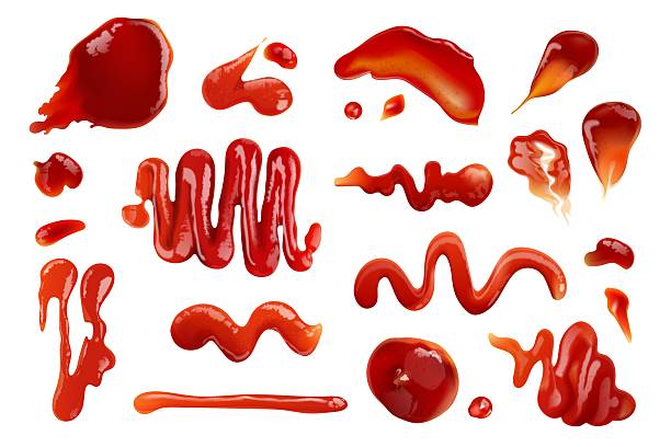 stockillustraties, clipart, cartoons en iconen met realistic ketchup stains. 3d tomato sauce splash red strips, tomatoes juice drop chili sauces smear barbecue paste drip splatter jelly jam stripe texture exact vector illustration - tomatenketchup