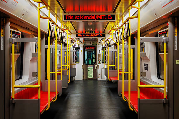 Cambridge, Massachusetts, USA - August 13, 2025: Inside an empty subway train car heading to the underground Kendall/MIT station in Cambridge, Massachusetts.