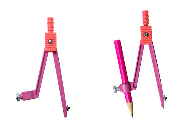 Set of pink compass divider with a pencil attachment isolated over a white background. Used for precise drawing, geometry, and educational purposes. Concept of stationery