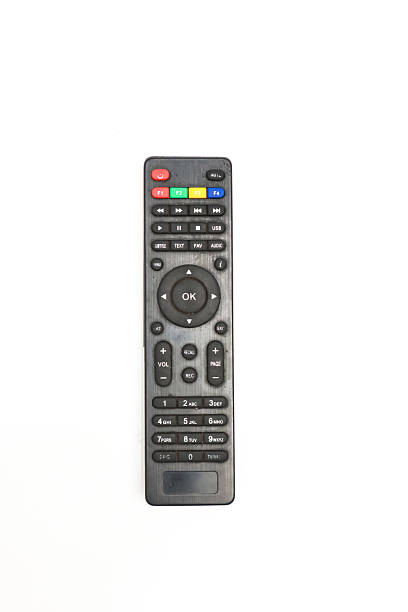 istock Close-up shot of a sleek black remote control featuring an array of colorful buttons against a clean white backdrop 2230791861